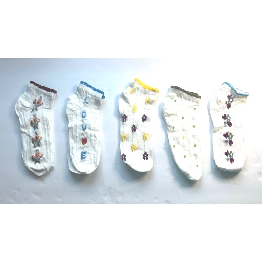 NEW Bundle of 5 Blue White Green Floral Love Pattern Breathable Ankle Socks M/L